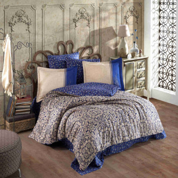 Lenjerie de pat, 100% bumbac, tesatura satin, pat 2 persoane, albastru / bej, Leona