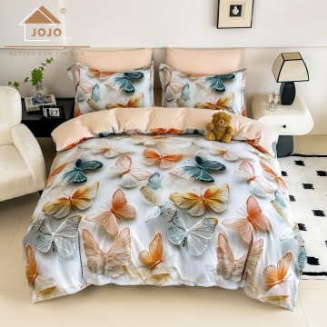 Lenjerie de Pat 5D Finet Crem „Fluturi Multicolori” | 4 Piese | Imprimeu Digital | Pat 1 Persoană | JOJO HOME