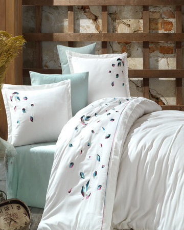 Lenjerie de pat, bumbac satinat, pat 2 persoane, alb / verde, 6 piese, Melodi, LDV-75