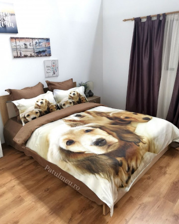 Lenjerie de pat cu 2 fete, imprimeu 3D, tesatura tip finet, pat 2 persoane, maro, 6 piese, A2-07 - Img 2