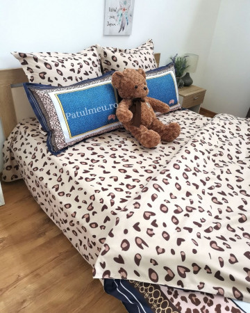 Lenjerie de pat cu 2 fete, imprimeu 3D, tesatura tip finet, pat 2 persoane, crem / albastru, 6 piese, A2-16 - Img 3