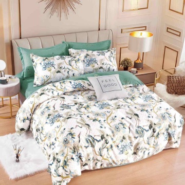 Lenjerie de pat cu 2 fete, tesatura tip finet, pat 2 persoane, 6 piese, crem / verde, FNJ-435
