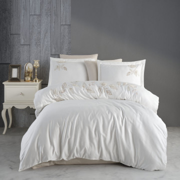 Lenjerie de pat cu broderie, bumbac 100%, pat 2 persoane, 6 piese, alb / bej, Tutku