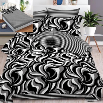 Lenjerie de pat cu elastic, tesatura tip finet, 6 piese, pat 2 persoane, gri / negru, FNE-163