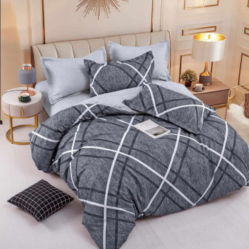 Lenjerie de pat cu elastic, tesatura tip finet, pat 2 persoane, antracit, 6 piese, FNJE-110