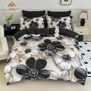 Lenjerie de pat din finet 4 piese 🖤 Crem & Negru | Imprimeu digital 5D Floral | JOJO HOME | Pat 1 persoană