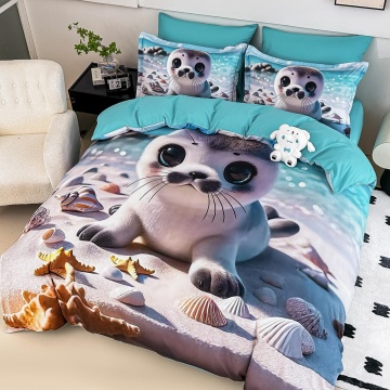 Lenjerie de pat din finet 5D Turcoaz cu Pui de Focă pe Plajă – 6 piese – JOJO HOME