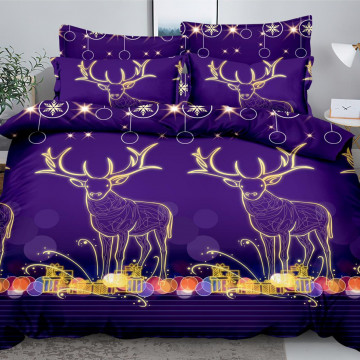 Lenjerie de pat Mos Craciun, tesatura tip finet, pat 2 persoane, auriu / mov, 6 piese, FNQ-44