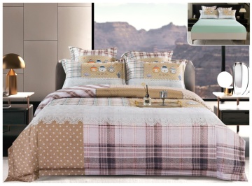 Lenjerie pat satin digital copii | Bej | 6 piese | 2 persoane | Cu elastic