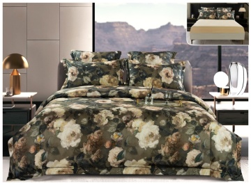 Lenjerie pat satin digital flori | Verde olive | 6 piese | 2 persoane | Cu elastic