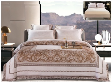 Lenjerie pat satin digital ornamental clasic | Ivory | 6 piese | 2 persoane | Cu elastic