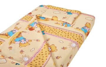 Lenjerie patut bebe, SomnART, cearceaf pat 60x120x10 cu elastic, cearceaf pilota 80x110, perna joasa 20x35, Honey - Img 1