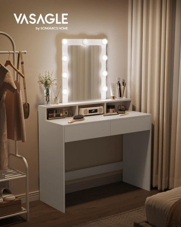 Masa de toaleta cu iluminare LED, 100 x 40 x 145 cm, PAL melaminat, alb, Vasagle - Img 2