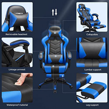 Scaun de gaming ergonomic cu recliner, metal / piele ecologica, negru / albastru, Songmics - Img 3