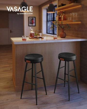 Set 2 scaune bar, diametru 33 cm, piele ecologica / metal, negru, Vasagle - Img 2