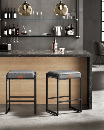 Set 2 scaune de bar, 45 x 38 x 66 cm, metal / piele ecologica, negru / gri, Vasagle - Img 3