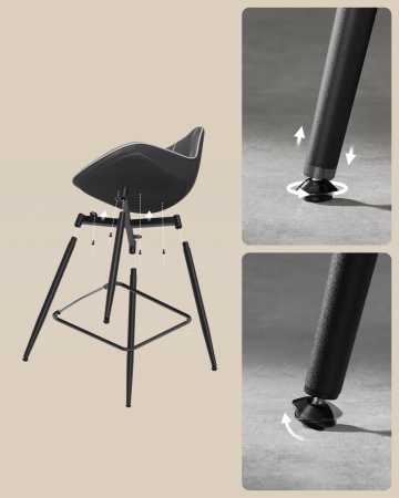 Set 2 scaune de bar, 50 x 49,5 x 87,5 cm, metal / piele ecologica, negru, Vasagle - Img 5