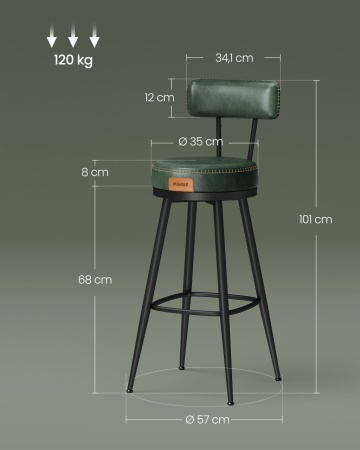 Set 2 scaune de bar rotative, Ø 57 x h101 cm, metal / piele ecologica, verde / negru, Vasagle - Img 6