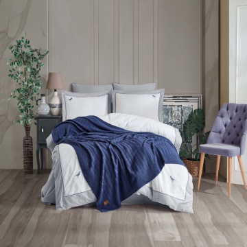 Set cuvertura si lenjerie de pat cu broderie, bumbac poplin, pat 2 persoane, 7 piese, alb / albastru, Fancy