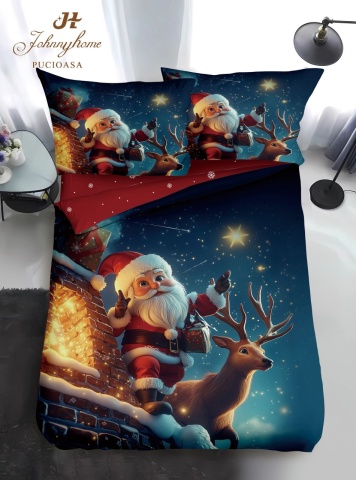 Set lenjerie Crăciun 4 piese 1 persoană | albastru | Santa Star Night | Johnny Home