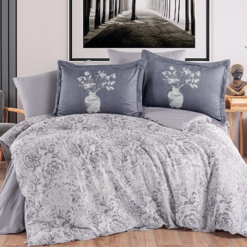 Set lenjerie de pat bumbac saten 100% Bolera | Hobby Home | gri antracit & gri deschis | floral | 6 piese | 2 persoane