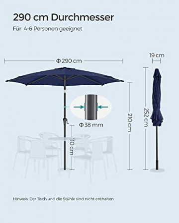 Umbrela de gradina reglabila si cu sistem de inclinare, metal, albastru, Songmics - Img 3