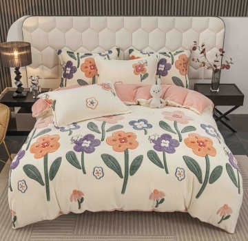 🌸 Lenjerie de Pat Cocolino 4 Piese Crem & Roz | Flori Colorate | Cu Elastic | Jojo Home