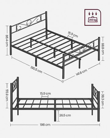 Cadru pat cu somiera si model decorativ, metal, negru, Vasagle - Img 6