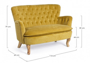 Canapea cu 2 locuri capitonata galben mustar din stofa si lemn de Pin, Orlins Bizzotto - Img 2