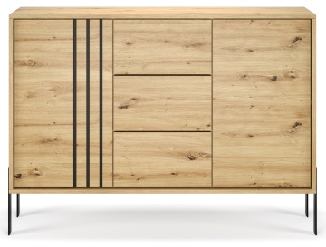Comodă Nexo ADRK stejar artisan cu detalii decorative negre și picioare metalice vedere frontală