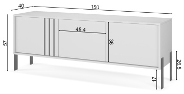 Comodă TV Nexo ADRK stejar artisan schiță tehnică cu dimensiuni 150x40x57 cm și picioare metalice negre