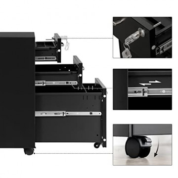 Corp mobil pentru birou / rollbox cu 3 sertare, 48 x 39 x 60 cm, metal, negru, Songmics - Img 5