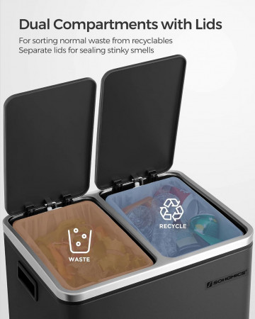 Cos de gunoi cu 2 recipiente pentru reciclare si capac, metal, negru, Songmics - Img 7