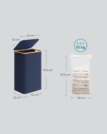 Cos de rufe cu sac detasabil, 42 x 32 x 70,5 cm, bambus / textil, albastru, Songmics - Img 7