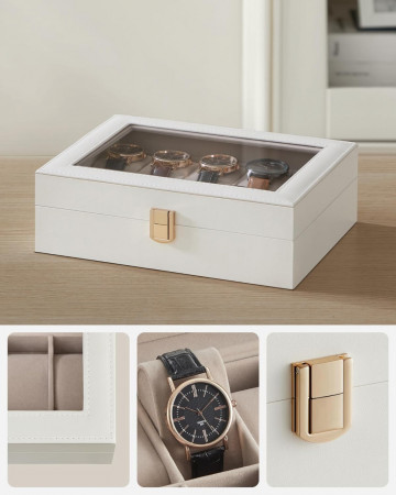 Cutie pentru ceasuri, 25,5 x 20,2 x 7,8 cm, MDF / catifea, alb, Songmics - Img 3