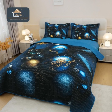 Cuvertură de Pat Matlasată 5D Crăciun Albastru | Globuri Aurii | 3 Piese | Finet Catifelat | PatulMeu