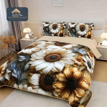 Cuvertură matlasată 5D bej cu flori mari aurii JOJO HOME – 3 piese