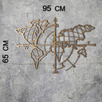 Decoratiune de perete, World Map Compass Gold, Metal, Dimensiune: 65 x 95 cm, Auriu - Img 2