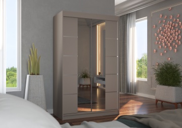 Dulap Genua cașmir cu uși glisante și oglindă, amplasat într-un dormitor modern cu parchet, fereastră mare și decor minimalist