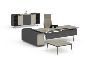 Set office RITIM grej deschis cu gri fumuriu, birou modern cu dulap și măsuță auxiliară