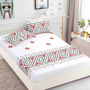 Husa de pat cu elastic si 2 fete de perna, tesatura tip finet, pat 2 persoane, alb / verde, HBF-256