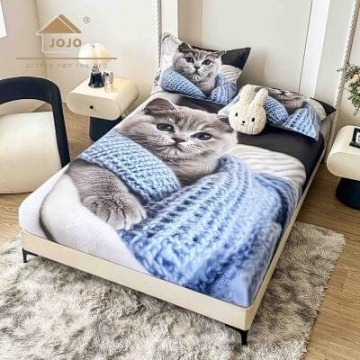 Husă de pat Finet 5D albă cu pisică + 2 fețe de pernă | JoJo Home