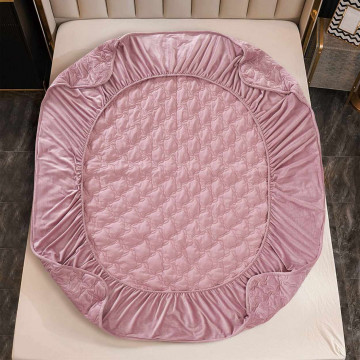 Husa de pat matlasata si 2 fete de perne din catifea, cu elastic, model tip topper, pentru saltea 140x200 cm, roz, HTC-25 - Img 2