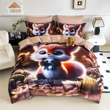 Lenjerie de Pat 5D Finet Bej „Vulpiță cu Jucărie Panda” | 4 Piese | Imprimeu Digital | Pat 1 Persoană | JOJO HOME