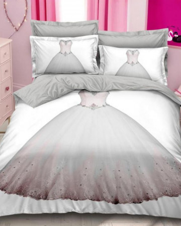 Lenjerie de pat cu 2 fete, imprimeu 3D, tesatura tip finet, 6 piese, pat 2 persoane, alb / gri, A2-27
