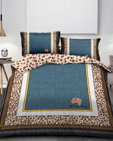 Lenjerie de pat cu 2 fete, imprimeu 3D, tesatura tip finet, pat 2 persoane, crem / albastru, 6 piese, A2-16