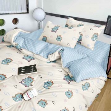 Lenjerie de pat cu 2 fete, tesatura tip finet, 4 piese, pat 1 persoana, crem / bleu, FNJ1-237