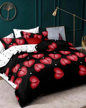 Lenjerie de pat cu 2 fete, tesatura tip finet, pat 1 persoana, negru / rosu, 4 piese, FJ1-01