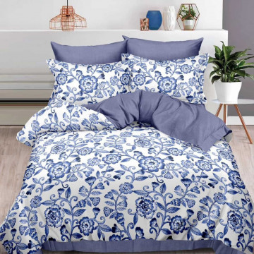 Lenjerie de pat cu 2 fete, tesatura tip finet, pat 2 persoane, alb / albastru, 6 piese, R60-494