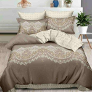Lenjerie de pat cu 2 fete, tesatura tip finet, pat 2 persoane, bej inchis, 6 piese, FN-574